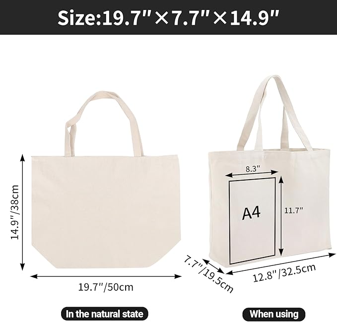 Segarty Blank Canvas Grocery Bag, 3 Pack 20X15in Reusable Large Shopping Plain Bags, Natural Shoulder Bags Personalized Beige Tote Bag Perfect for DIY Projects Painting Crafting Decoration