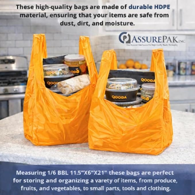 ASSUREPAK Easy Open - 1000 Bags - Colored Unprinted HDPE T-Shirt Bags - 1/6 BBL 11.5"X6"X21" - 13 microns - Orange - Perfect for Groceries, Shopping and Retail Stores LOOP-ORANGE-EO