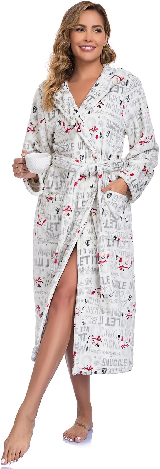 RONGTAI Womens Robes Plush Fleece Hooded Bathrobe Thick Nightgown with Pockets Fluffy Sleepwear