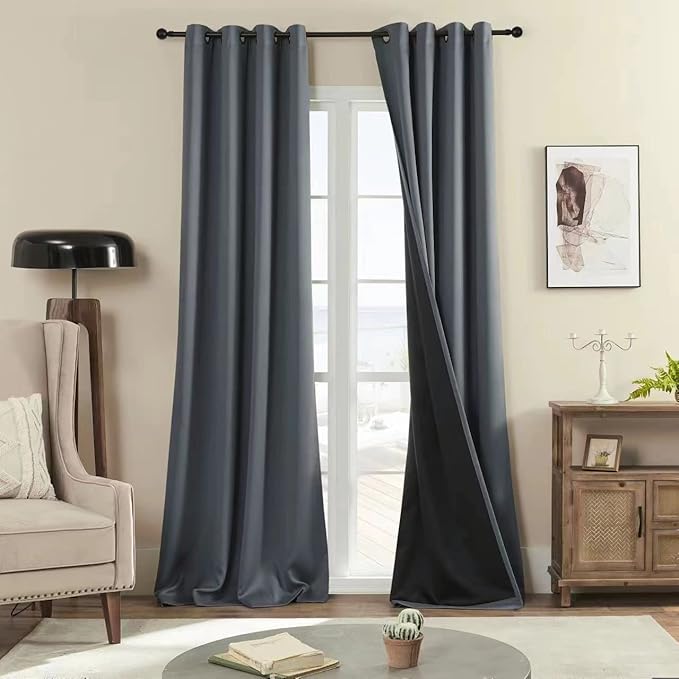 Rutterllow 100% Blackout Curtains 2 Panels, Full Shade 108 Inches Long Complete Drapes for Living Room, Dark Grey Thermal Insulated Bedroom Window Treatment Drapes (52x108 inch)