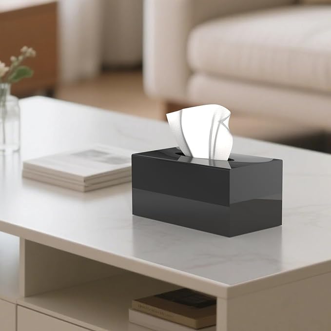 SILUT Tissue Box Cover Rectangular, Extra Large Tissue Box Cover, Plus Size Large Tissue Box Holder, Acrylic Tissue Holder for Bathroom, Home, Restaurant, Kitchen - Shiny Black, 9.85x5.1x5.28''