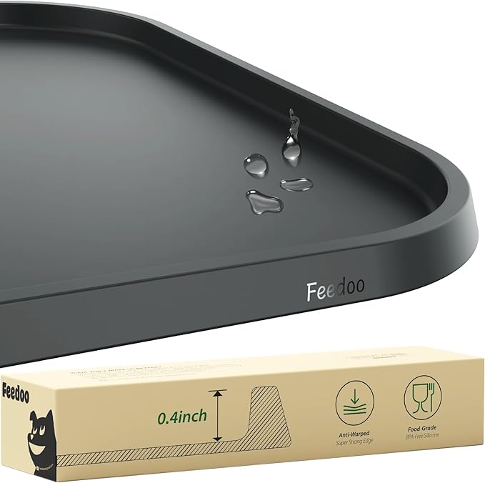 Feedoo Pet Feeding Mat [Warped Resistant Raised Edge], Water-Proof Silicone Placement for Food Water Bowls, Anti-Slip Base Protect Floor, BPA-Free&Dishwasher-Safe [18.5x11.5inch Medium, Gray]