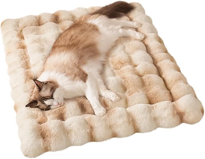 SOMAHE Cat Bed Ultra Soft Plush Machine Washable Pet Mat with Non-Slip Rubber Bottom for Indoor Cats & Dogs Faux Fur Cushion Pad for Floor Couch Carrier for Kittens & Puppies 23 x 15 Inch Medium Camel