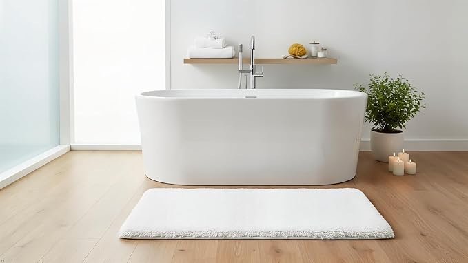 C23 Luxury Shag Bath Rug | 2200 GSM Ultra-Soft Plush Thick Bathroom Mat | 20"x32" White High-Density Shaggy Rug | Non-Slip Natural Latex Back, Absorbent, Machine Washable, 1 Piece