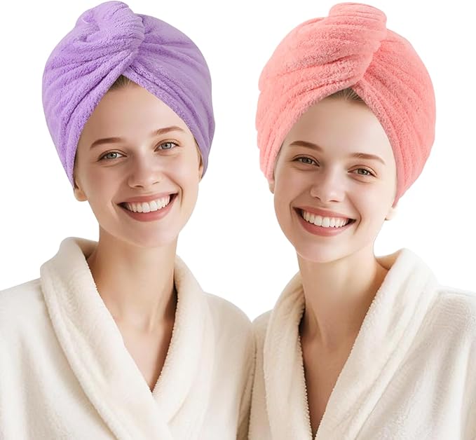AGKXHDEC 2 Packs Microfiber Towel, Hair Turbans for Wet Hair, Drying Hair Wrap for Women(Pink，Purple)