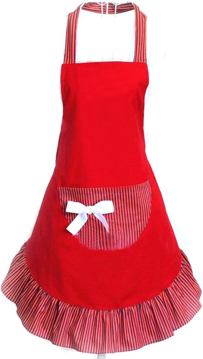 Hyzrz Cute Girls Bowknot Funny Aprons Lady's Kitchen Restaurant Women's Cake Apron with Pocket (Red)