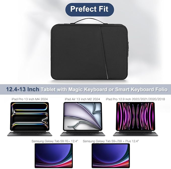 12-12.9 Inch Tablet Sleeve Bag for 12.4" Samsung Galaxy Tab S10+ S9+ Plus/S8+/S7+ Plus/S7 FE,2025 13" iPad Air M3 M2/iPad Pro M5 M4/Pro 12.9"/Microsoft Surface Go 2 12.4"/Pro 11 10 Carrying Case-Black