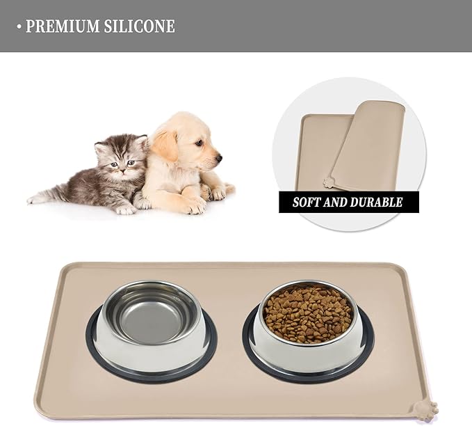 Reopet Waterproof Pet Feeding Mat with High Raised Edges, Heavier and Thicker Placemats for Cat Dog Water Bowl with BPA Free, Dogs Cats Food Mats for Messy Drinkers to Prevent Spill and Protect Floors