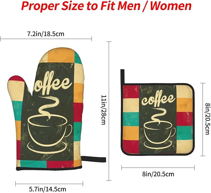 Vintage Coffee Oven Mitts and Pot Holders Set of 4, Oven Mittens and Potholders Heat Resistant Gloves for Kitchen Cooking Baking Grilling BBQ