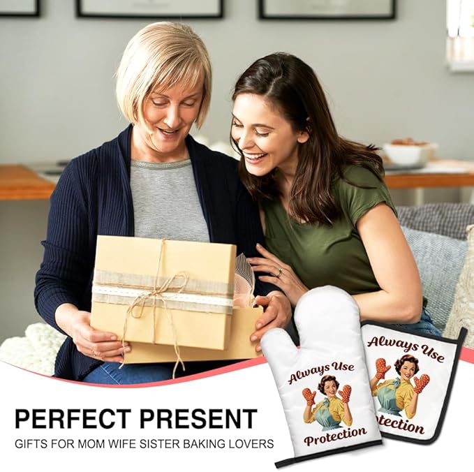 Always Use Protection Funny Oven Mitts and Pot Holders Set, Retro Home Cooking Baking Tools, Suitable for Family Gathering Cooking, Housewarming Gifts for Parents and Family Members