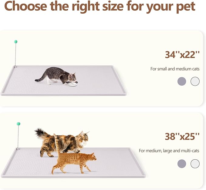 Bartuke Large Cat Litter Mat with Toy Ball, 38'' x 25'' Silicone Cat Litter Trapping Mat for Scatter Control, Soft on Kitty Paws, Easy to Clean (White)