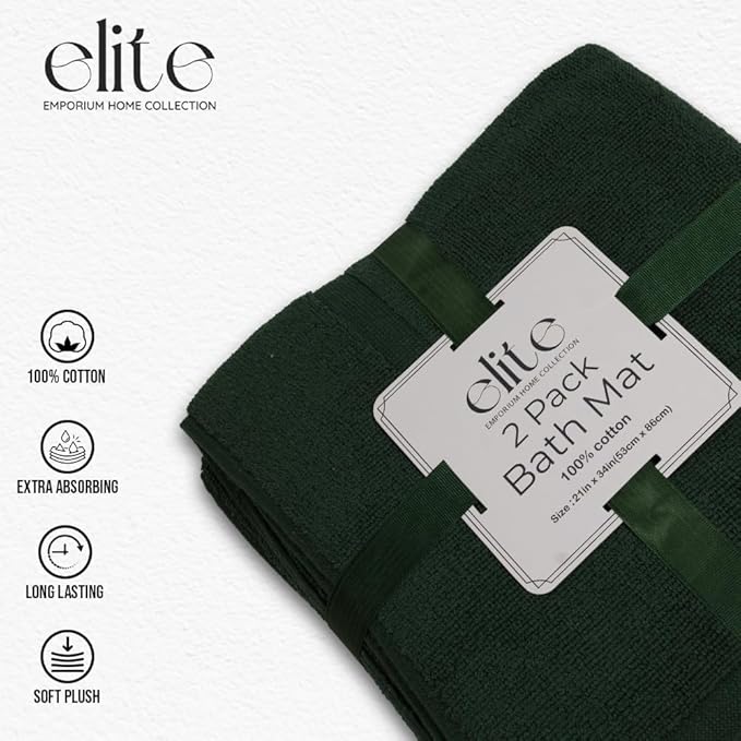 ELITE Emporium Home Collection 2-Piece Cotton Bathroom Mat Set, 21" x 34" - 100% Cotton, Absorbent, Quick-Dry, Bath Towel Mats for Floor, Hunter Green [Not a Bathroom Rug]