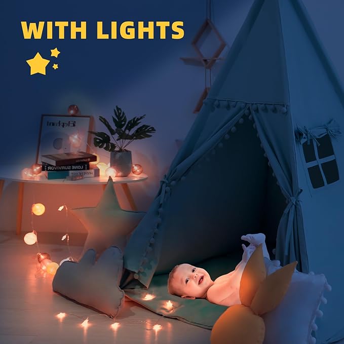 RONGFA Teepee Tent for Kids with Mat, Star Lights, Carry Case, Cotton Canvas Playhouse, Foldable Tents, Portable Children Play Tent Indoor Outdoor (Jewelry Blue)