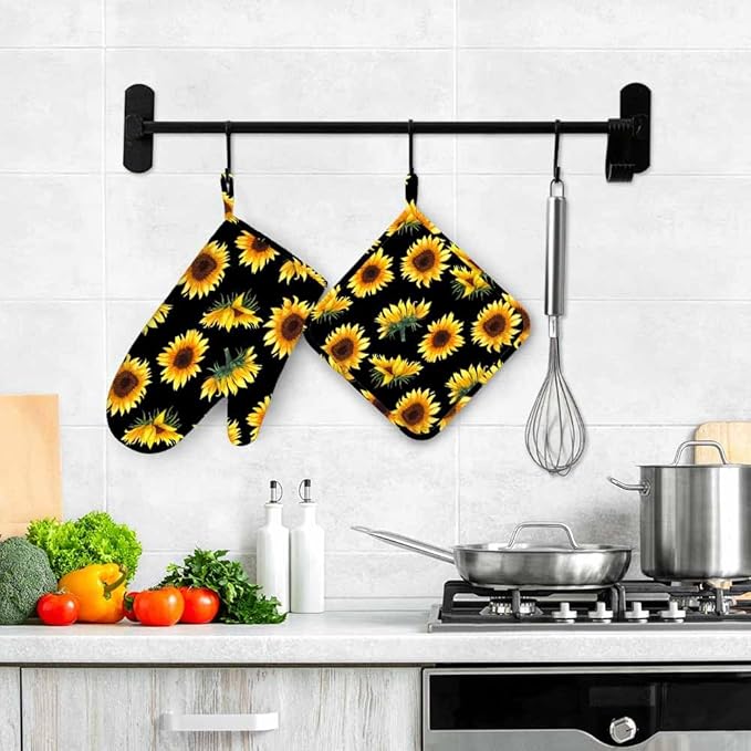 Mxocom Sunflowers Oven Mitts and Pot Holders Sets Flowers, Buds and Leaves on Black Background Silicone Heat Resistant Kitchen Oven Gloves Pot Holder for Cooking
