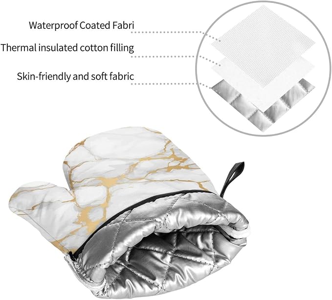 Oven Mitts and Pot Holders White Gold Marble Art Abstract Sets of 4 Kitchen Potholder Gloves Heat Resistant Non-Slip for Chef Baking Cooking Grilling BBQ