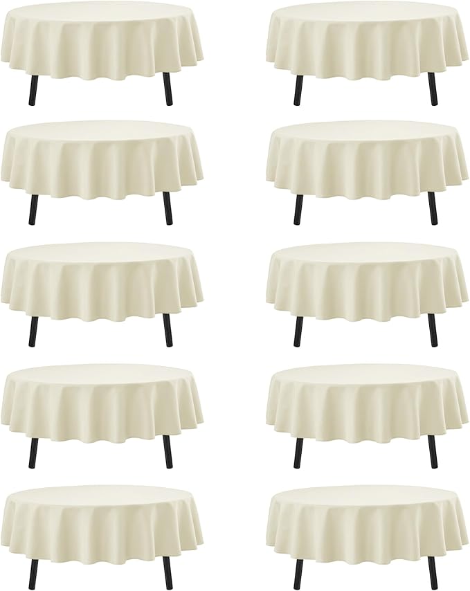 10-Pack Ivory Round Tablecloths, 70 Inches, Stain-Resistant Polyester for 3-4 Ft Round Tables - Washable Table Covers for Weddings, Banquets, Birthday Parties, Events