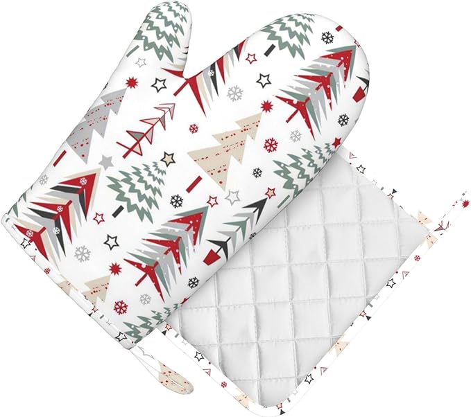 Silicone Oven Mitts and Pot Holders Sets, Home Beautiful Christmas Tree Heat Resistant BBQ Gloves for Kitchen Baking Cooking Grilling Microwave