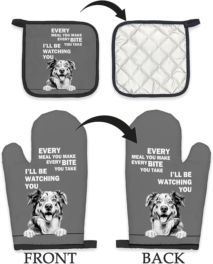 Australian Shepherd Dog Oven Mitts and Pot Holders Sets, Australian Shepherd Gifts Kitchen Accessories Sets,Funny Dog Every Meal You Make Heat Resistant Oven Glove Potholders for Kitchen Baking