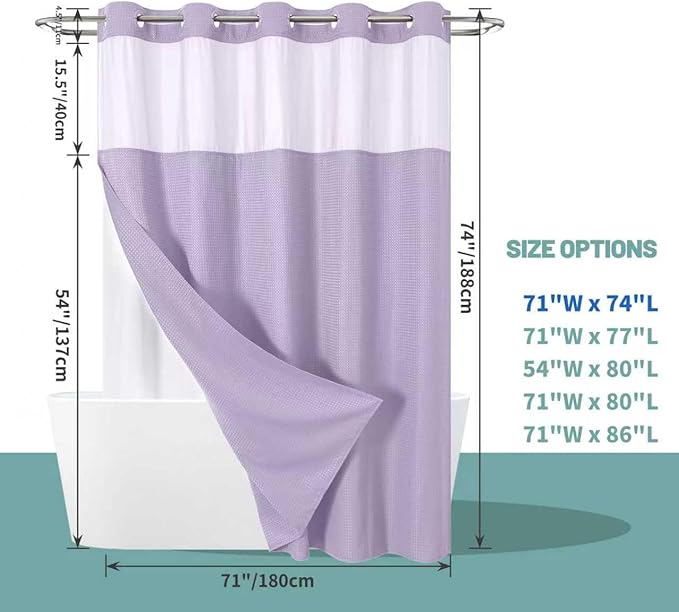 eachope Lavender No Hook Waffle Weave Shower Curtain with snap-in Liner Replacement, 230GSM Waterproof Fabric Hotel Shower Curtain Set for Bathroom, Through Mesh Top Window,71Wx74H
