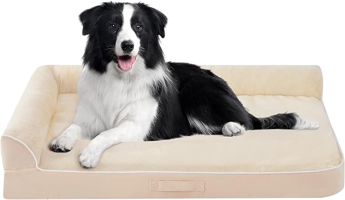 Aeroluxe Dog Bed Large Sized Dogs, XL Orthopedic Dog Bed for Large Dogs, Waterproof Pet Bed with Washable Removable Cover, L-Shaped Pet Couch with Portable Handle 42"x30"x7.5", Beige
