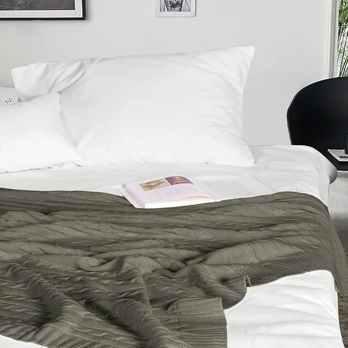 NTBAY 100% Pure Cotton Cable Knit Throw Blanket, Super Soft Warm 51x67 Knitted Throw Blanket for Couch, Sofa, Chair, Bed - Extra Cozy, Machine Washable, Comfortable Home Decor, Grey
