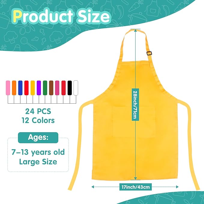 24 Pieces 12 Colors Kid Aprons Set XL for 7-13 Age Children Chef Aprons Kids Painting for Kitchen Cooking Baking Painting