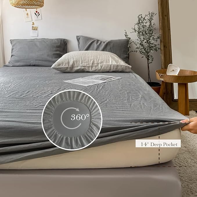 Simple&Opulence Washed Linen Bed Sheet Set Basic Style 4 Pieces (1 Flat Sheet & 1 Fitted Sheet & 2 Pillowcases) 100% Natural French Flax Soft Breathable Farmhouse Bedding (Queen, Ultimate Gray)