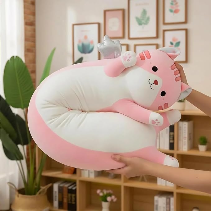 Kekeso Long Cat Plush Pillow, Cute Cat Stuffed Animal Body Pillow with Wings, Soft Kawaii Kitty Hugging Pillow, Christmas Valentine's Birthday Gift for Kids Girls Boys (Pink, 90cm/35.43in)