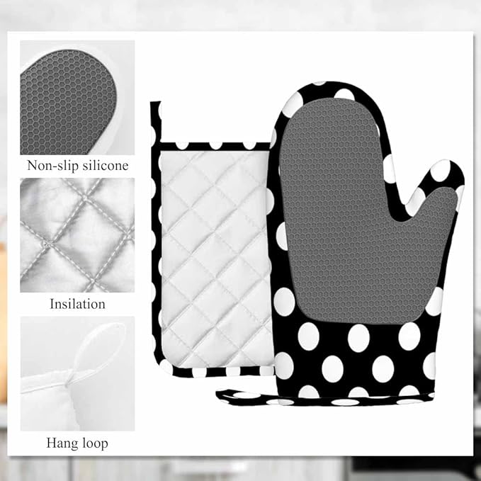 Mxocom Polka Dot Oven Mitt and Pot Holder with Silicone Black White Round Circle Heat Resistant Kitchen for Cooking BBQ Baking Grilling Spring/Summer