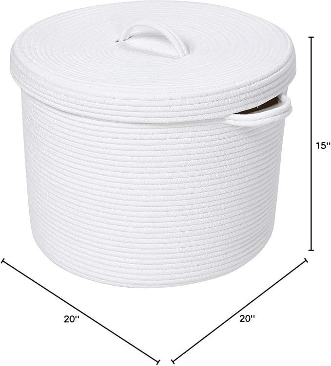 Cottonphant 16" x 16" x 13" Medium Storage Basket with Lid, Cotton Rope Storage Baskets, Laundry Hamper, Cloth Bin, for Clothes Blankets Pillows Storage in Living Room, Full White with Cover