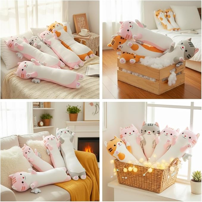 Long Cat Plush Pillow, Cute Cat Stuffed Animal Body Pillow with Wings, Soft Kawaii Kitty Hugging Pillow, Christmas Valentine's Birthday Gift for Kids Girls Boys (Pink, 60cm/23.62in)