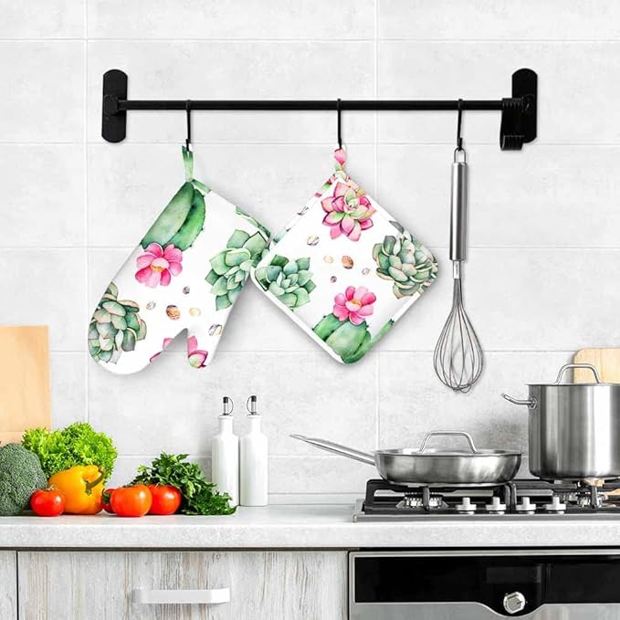 Mxocom Plants Oven Mitt and Pot Holder with Silicone Watercolor Cactus Summer Floral Mexican Cacti Heat Resistant Kitchen for Cooking BBQ Baking Grilling Spring/Summer