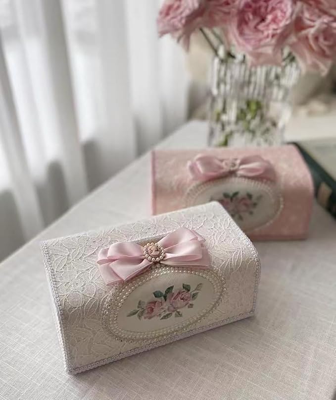 Tissue Cover Holder Fabric Art Cute Tissue Box Cover Dispenser Napkin Organizer for Bathroom Bedroom Office and Car (D-Beige)
