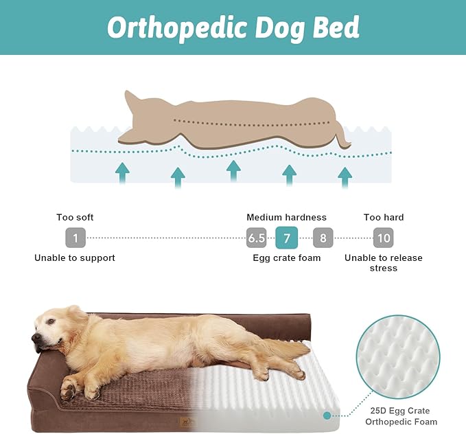 COZY KISS Orthopedic Dog Bed for Large Size Dog, XL Dogs Crate Bed, L Shaped Foam Anti-Slip Bottom Pet Cat Sofa with Washable Removable Cover, Suitable for Pet Up to 100 lbs, 44x32x7 inch, Brown