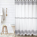 HALL & PERRY Modern Farmhouse Tassel Shower Curtain 100% Cotton Striped Fabric Shower Curtain with Tassels for Bathroom Décor (Grey 3, 72"x72")