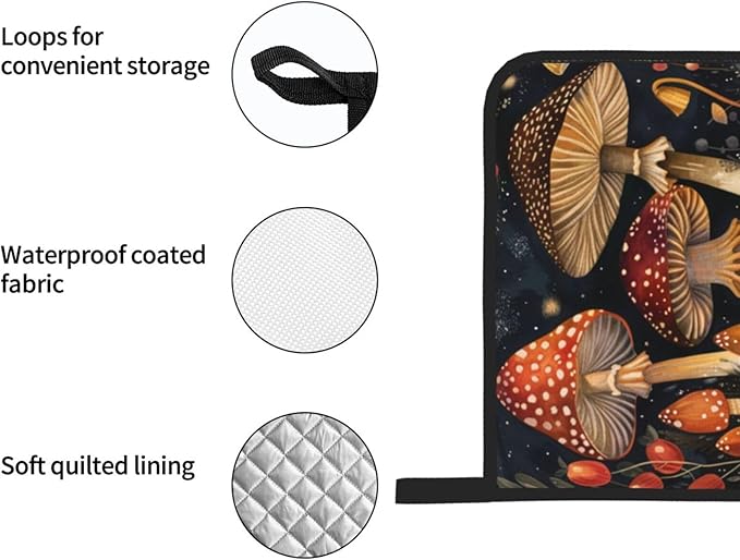 Oven Mitts and Pot Holders Sets of 4 Mushroom Vintage Botanical Kitchen Potholder Gloves Heat Resistant Non-Slip for Chef Baking Cooking Grilling BBQ Mittens