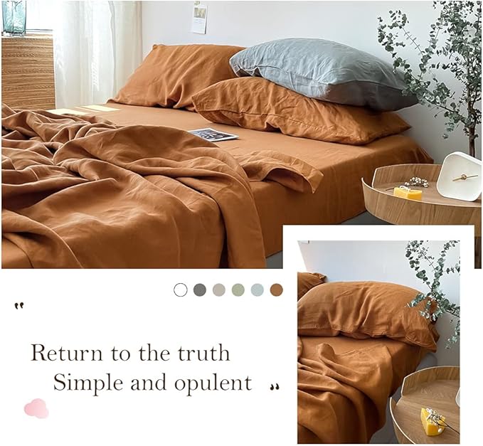 Simple&Opulence Washed Linen Bed Sheet Set Basic Style 4 Pieces (1 Flat Sheet & 1 Fitted Sheet & 2 Pillowcases) 100% Natural French Flax Soft Breathable Farmhouse Bedding (King, Rust)