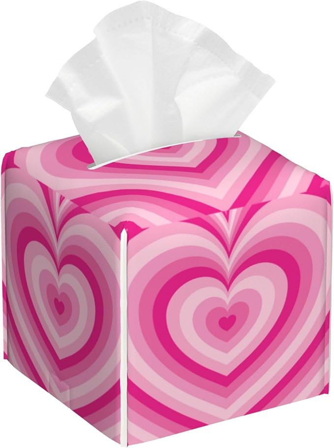 POIUBLE Tissue Box Holder Pink Heart Tissue Box Cover Square Leather Tissue Holder Organizer Portable Decorative Facial Paper Case for Home Office Bathroom Vanity Countertop