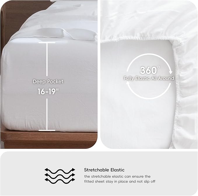 MooMee Bedding Sheet Set 100% Washed Cotton Linen Like Textured Breathable Durable Soft Comfy (Solid Bright White, Full)