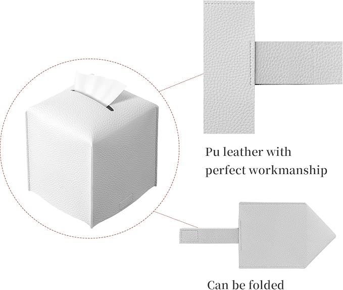 REGELETO Square Tissue Box Cover, Pu Leather Tissue Box Holder with Bottom Belt Modern Stylish Tissue Box Organizer for Bathroom, Bedroom, Hotel, Office Desk 5"X5"X5"-Off White
