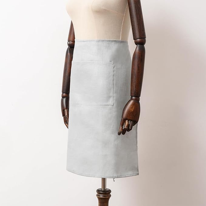 100% Linen Bistro Half Apron, Waist Apron With 2 Pockets For Women Men Waitress Server Cooking Kitchen Restaurant