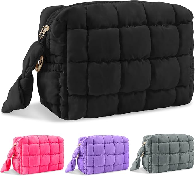 Puffer Quilted Makeup Bag Cosmetic Bags,Puffy Travel Toiletry Pouch for Women,Cute Checkered Zipper Bag Travel Essential,Portable Aesthetic Make up Organizer Bag for Gifts Work Daily(Black,S)