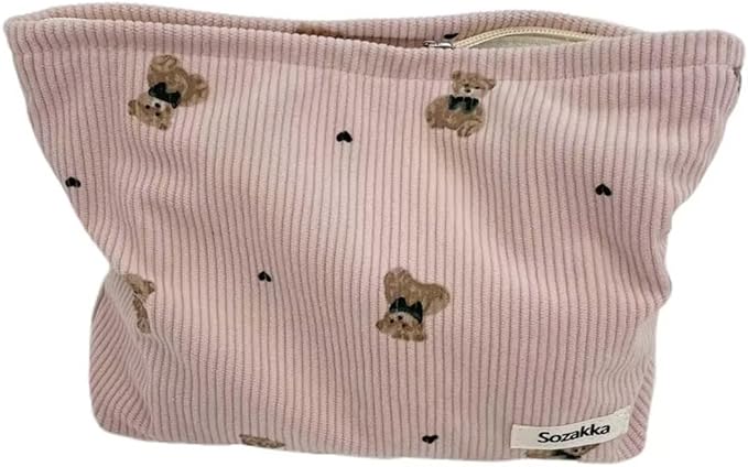 SxoSyo Cosmetic Bags for Women Makeup Bag Large Capacity Purse Travel Toiletry Zipper Storage Pouch Make up Brushes Organizer for Gifts (Corduroy Bear, Pink)