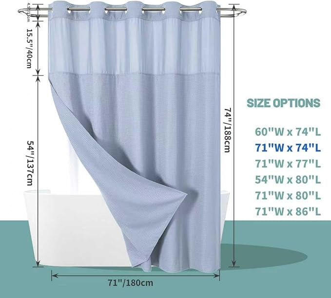 eachope FrostBlue No Hook Waffle Weave Shower Curtain with snap-in Liner Replacement, 230GSM Waterproof Fabric Hotel Shower Curtain Set for Bathroom, Through Mesh Top Window,71Wx74H