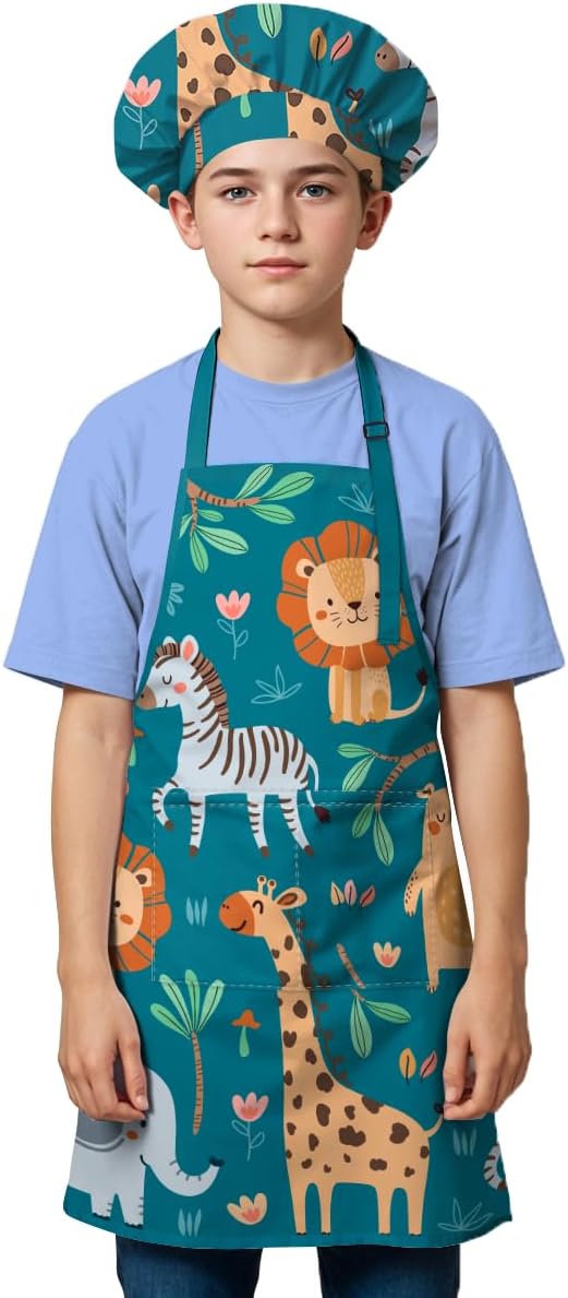 SANDJEST Kids Apron with Chefs Hat Set, Kitchen Apron Gifts