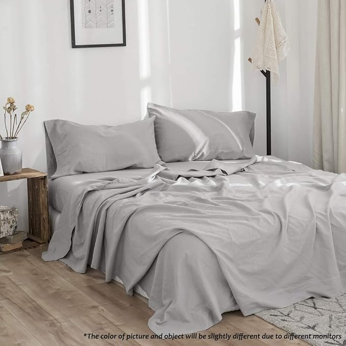 Simple&Opulence Belgian Linen Sheet Set Solid Color - 4 Pieces (1 Flat Sheet, 1 Fitted Sheet & 2 Pillowcases) Natural Flax Cotton Blend Soft Breathable Farmhouse Bedding - Queen Size, Grey