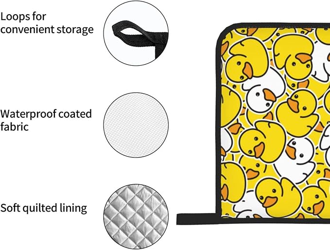 Cute Yellow Duck Oven Mitts and Pot Holders Set of 4, Oven Mittens and Potholders Heat Resistant Gloves for Kitchen Cooking Baking Grilling BBQ