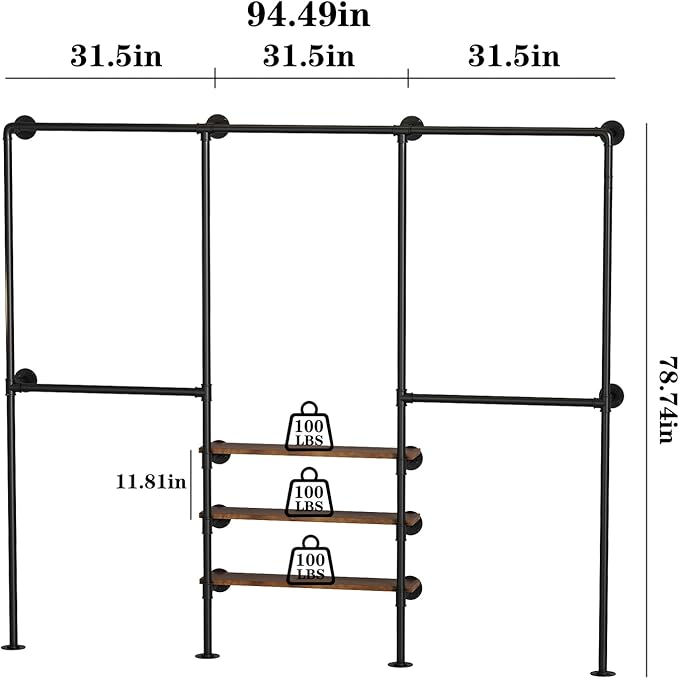 KAILNKISS Industrial Pipe Clothing Rack, Wall Mounted Clothes Rack, Heavy Duty Closet Organizers Wardrobe Multi-Purpose Storage Clothes Hanging Shelf-94.5''L Black