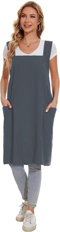 Linen Cotton Aprons for Women Smock Cross-Back Apron with Pockets