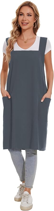 Linen Cotton Aprons for Women Smock Cross-Back Apron with Pockets